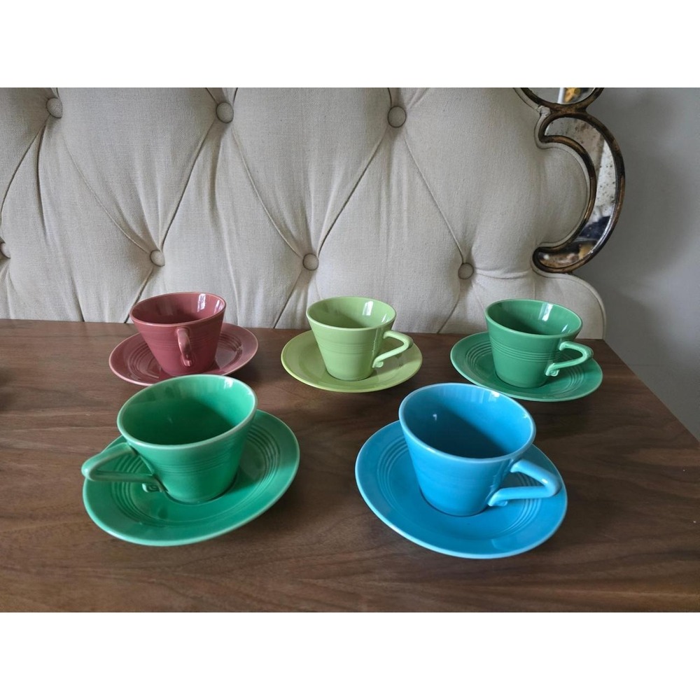 Vintage Fiesta Style Coffee Cup & Saucer Set – 5 Colorful Cups with Saucers - Picture 2 of 6